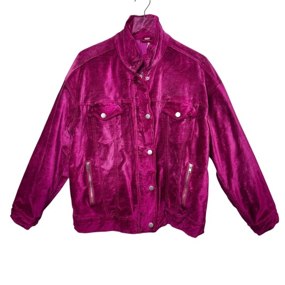 Free People Jackets & Blazers - Free People Velvet Fuchsia Women’s Trucker Zip Up Jacket Sz M/L